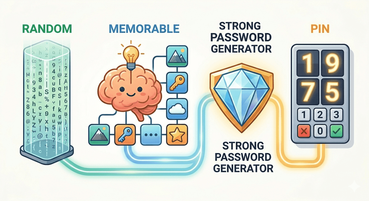Illustration for “Strong Password Generator Guide: Random, Memorable, or PIN?”
